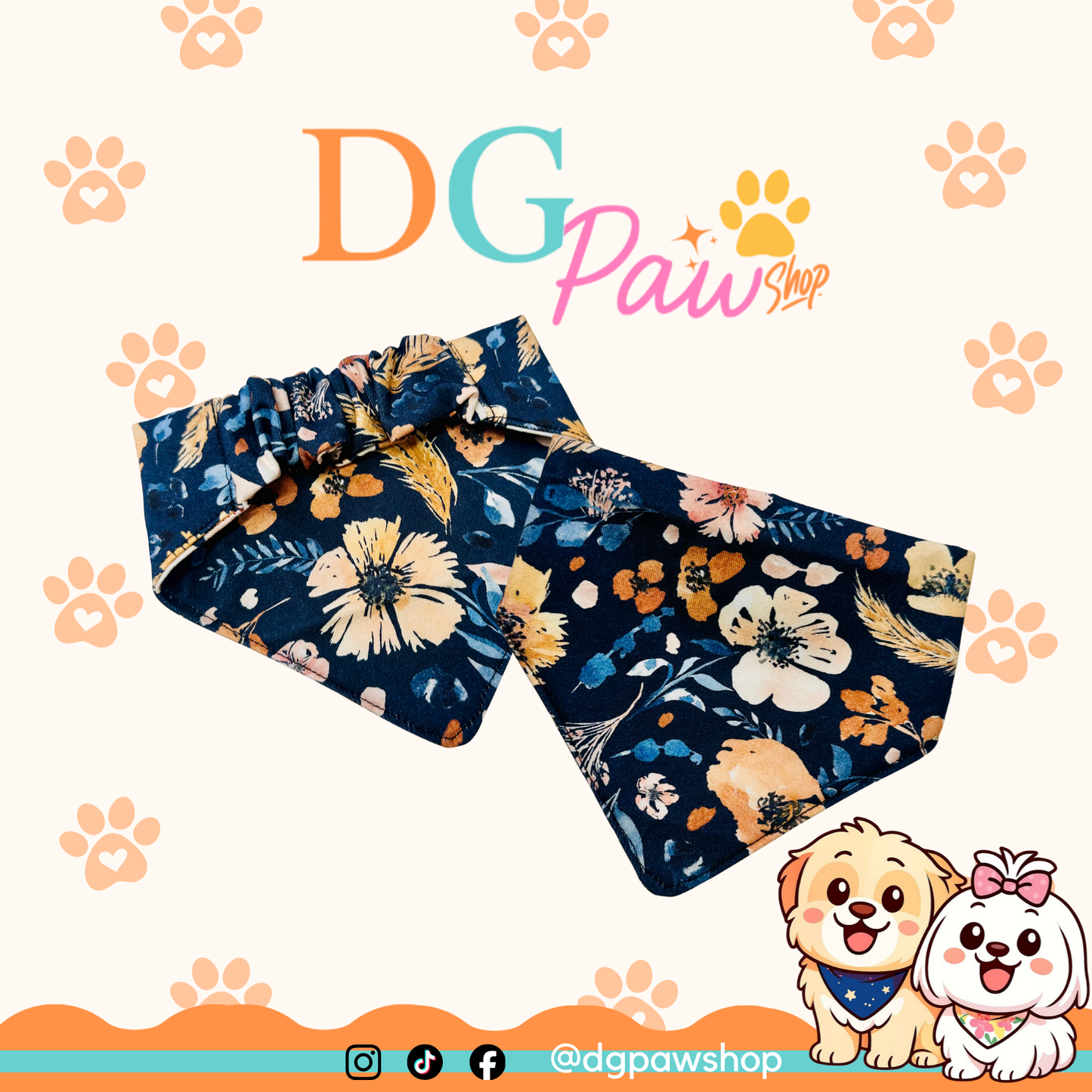 Floral-patterned dog accessories with 'DG Paw Shop' branding on a flowerprint background.
