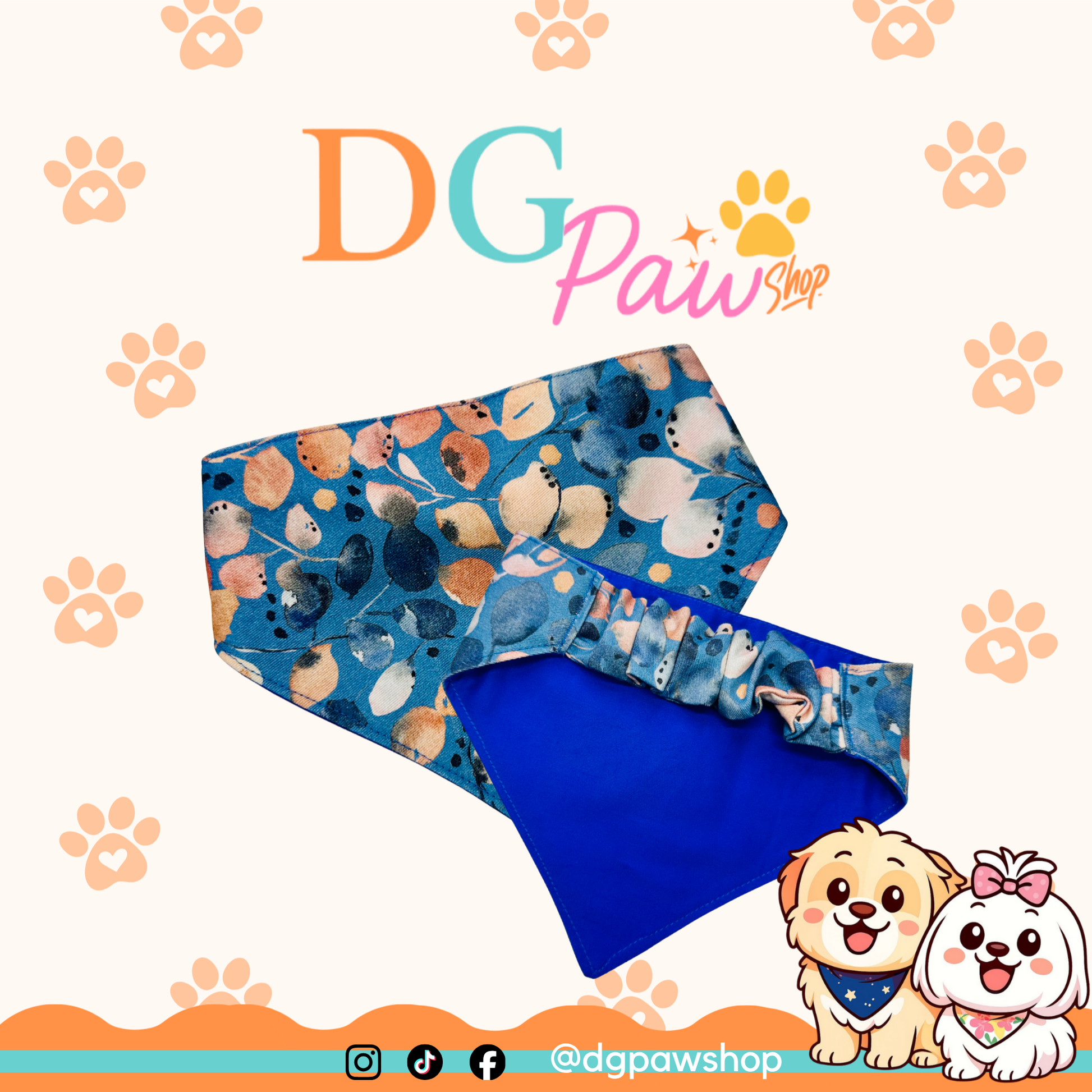 Dog bandana with leaf print pattern on a white background with leaf prints and 'DG Paw Shop' branding.